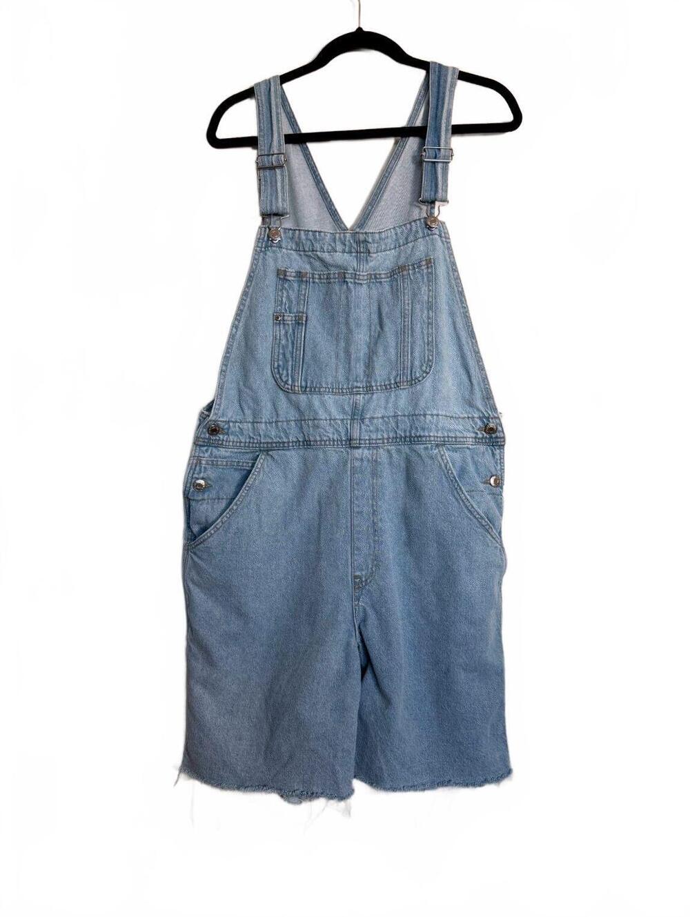 Light Wash Denim Short Overalls with Frayed Hem Size L